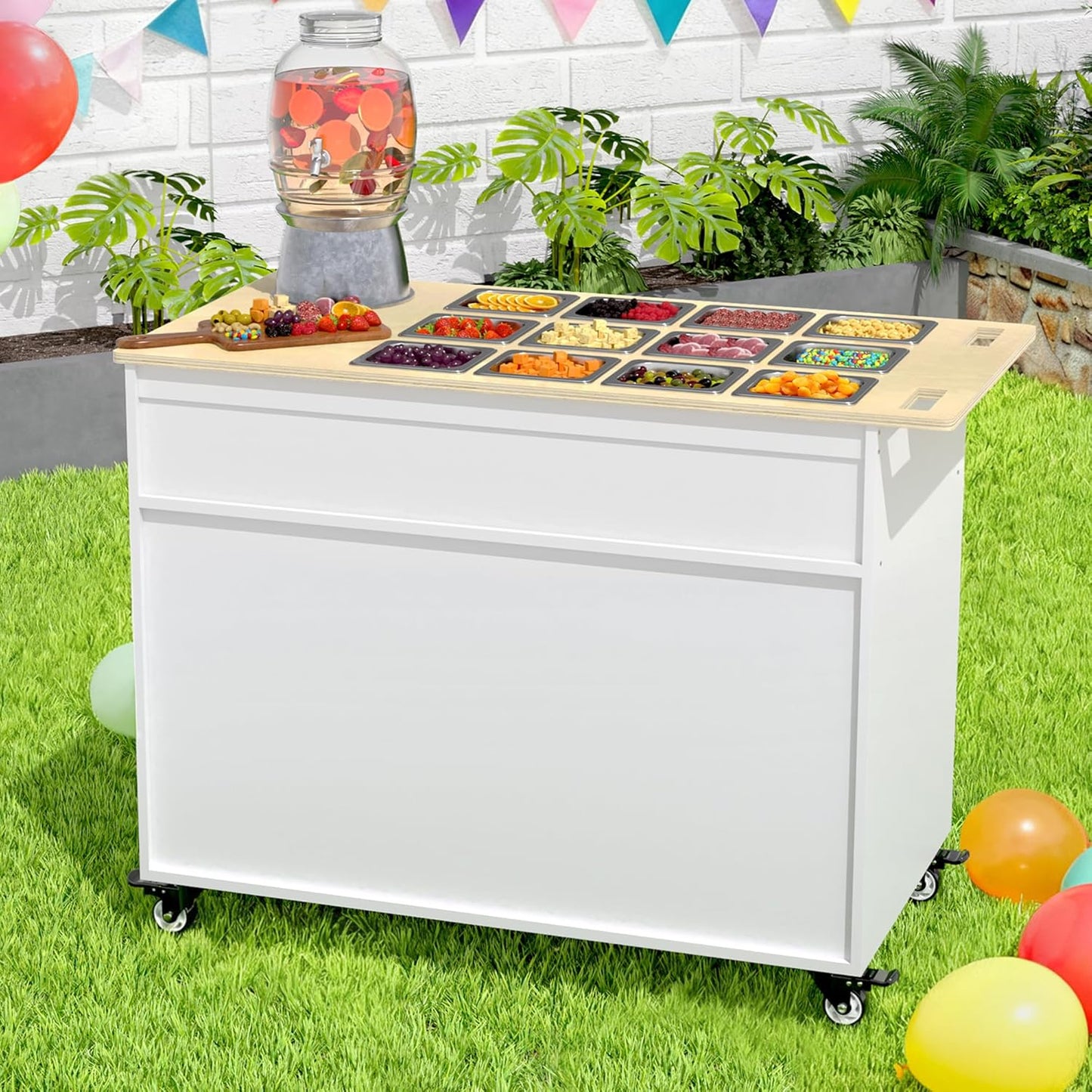 GDLF Charcuterie Cart with Stainless Steel Food Pans, Mobile Pizza Topping & Salad Bar Station, Buffet Serving Table for Home, Party & Catering