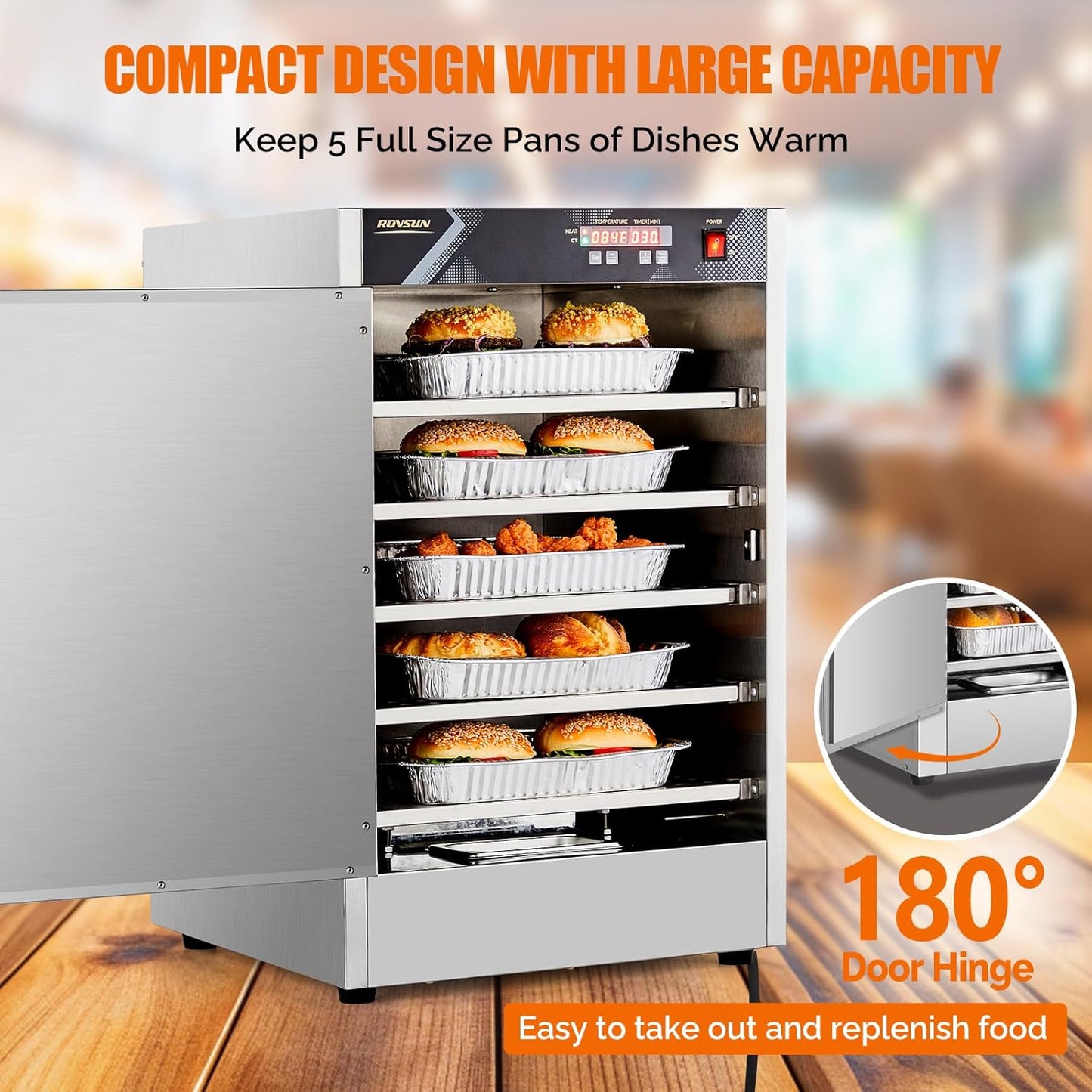 ROVSUN Hot Box Food Warmer Pizza Warmer w/Water Tray Removable Shelves, Hot Holding Cabinet Pretzel Warmer Commercial Electric Food Warmer Countertop for Restaurant Catering (5 Tier-Single Door)