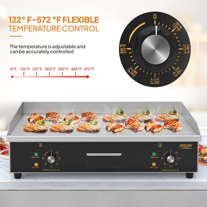 ROVSUN 30" Electric Countertop Flat Top Griddle, 3000W Electric Griddle, Teppanyaki Grill Stainless Steel with Adjustable Temperature Control 122°F-572°F for Commercial Home Restaurant, Plug
