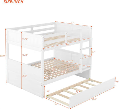 Full Over Full Bunk Bed with Trundle, Wooden Trundle Bed Frame with Ladder Safety Guardrail, Convertible to 2 Platform Beds for Kids Teens, White