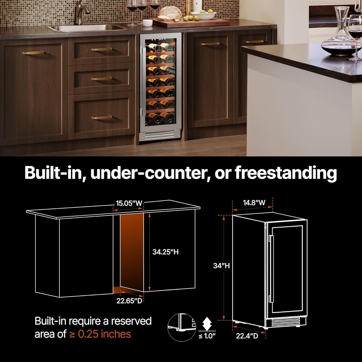 Ca'Lefort 15 Inch Wine Fridge, 33 Bottles 40-65°F Wine Cooler, Adjustable Shelves & 3 LED Light, Wine Refrigerator with Glass Door, Built-in Under Counter Freestanding for Home/Kitchen/Bar