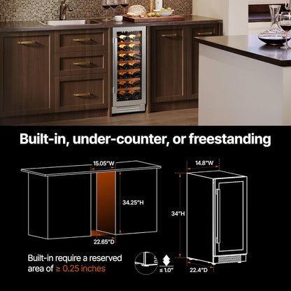 Ca'Lefort 15 Inch Wine Fridge, 33 Bottles 40-65°F Wine Cooler, Adjustable Shelves & 3 LED Light, Wine Refrigerator with Glass Door, Built-in Under Counter Freestanding for Home/Kitchen/Bar
