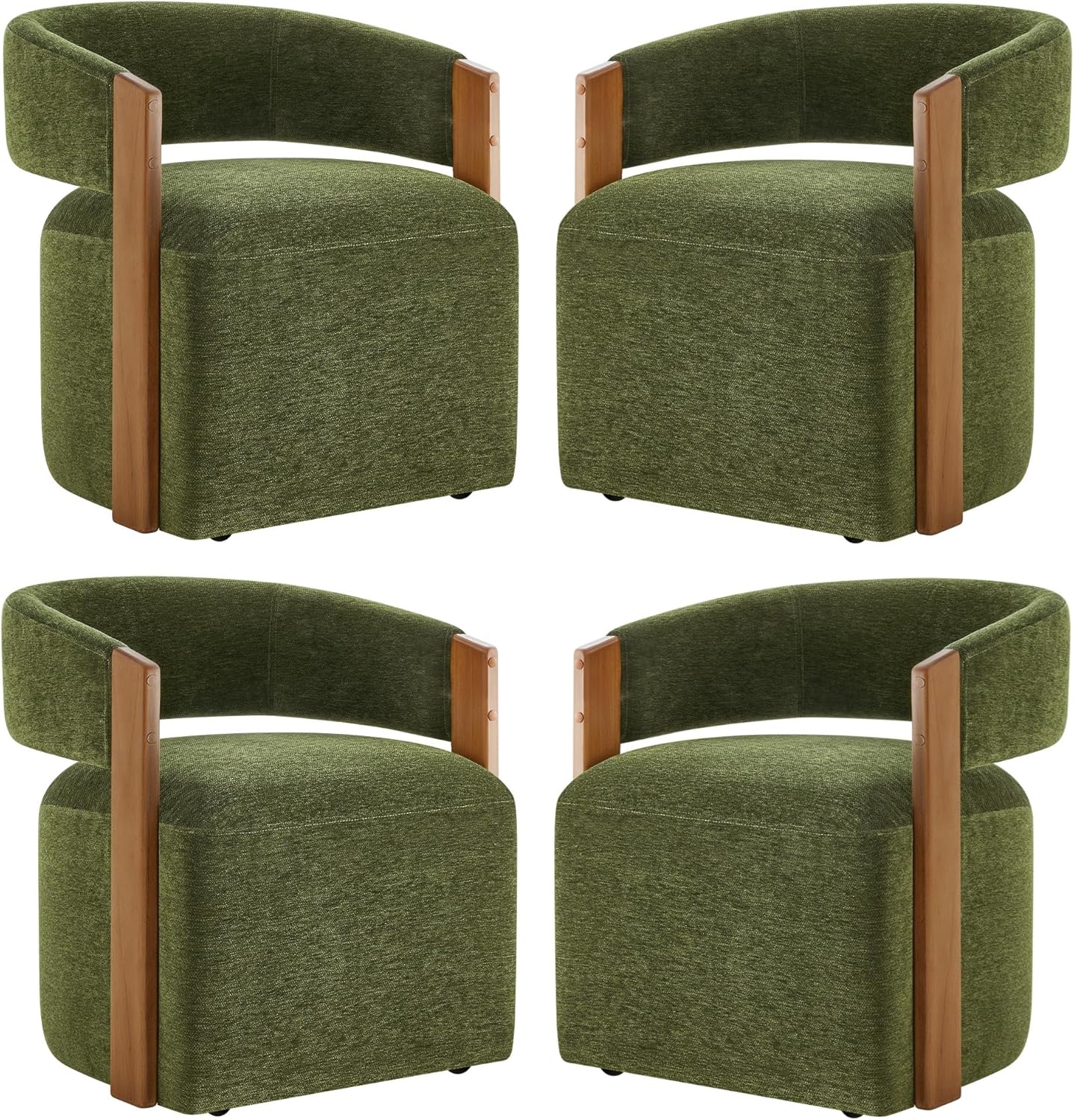 KISLOT Upholstered Dining Chairs with Casters, Modern Barrel Side Armchair with Rollers & Wooden Armrest for Dining Room, Bedroom, Kitchen, Reading Room, Green, Set of 4