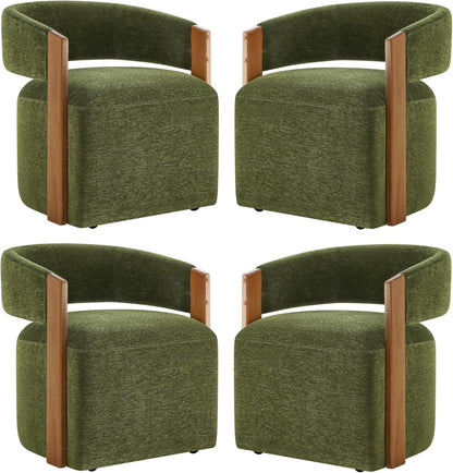 KISLOT Upholstered Dining Chairs with Casters, Modern Barrel Side Armchair with Rollers & Wooden Armrest for Dining Room, Bedroom, Kitchen, Reading Room, Green, Set of 4