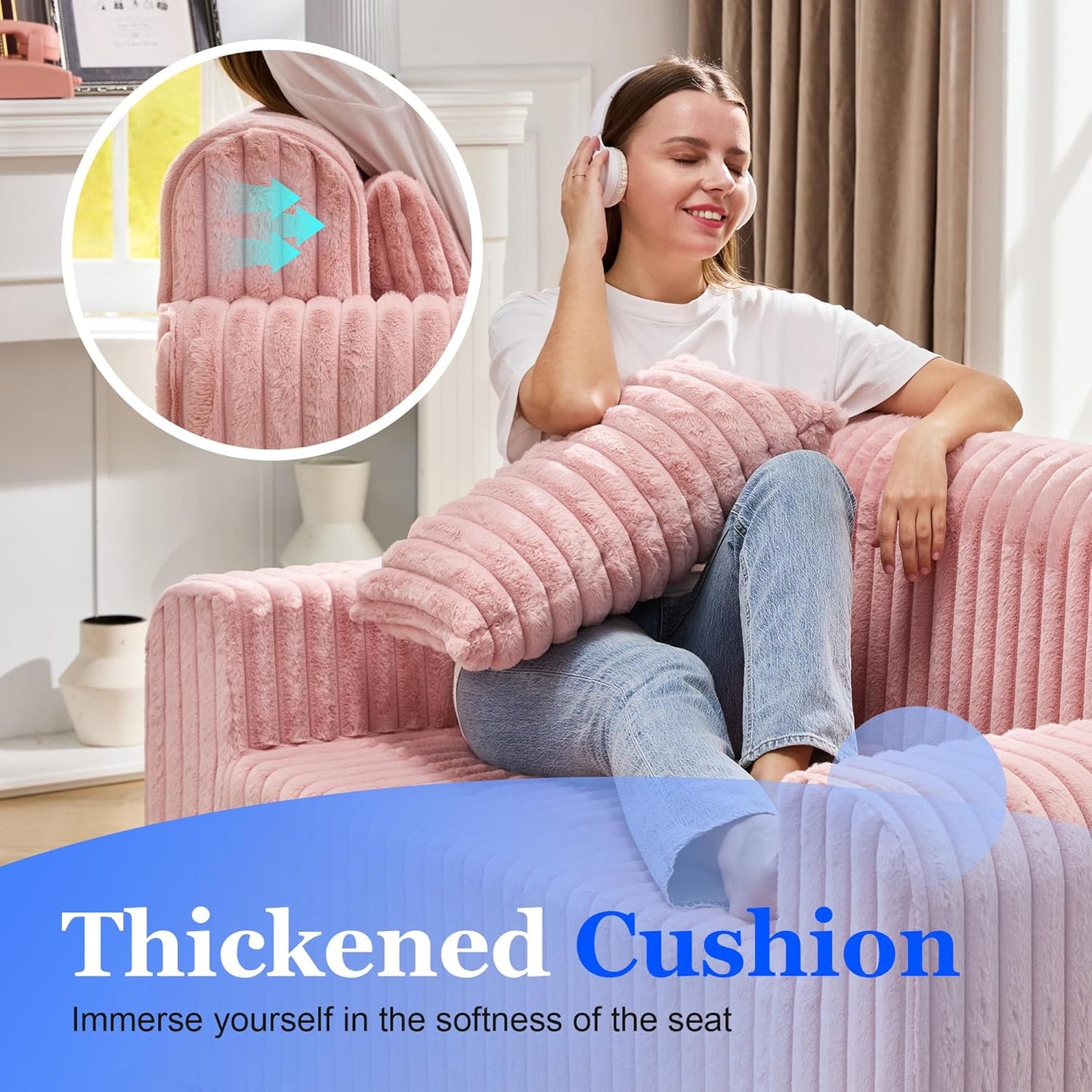 Hobestluk Couch Sofa 2-Seater Foam Sofa Loveseat for Small Spaces Comfy Sofas with Removable Cover Furry Couch with Pillows for Living Room, Bedroom, Apartment, Office (Pink, Loveseat)