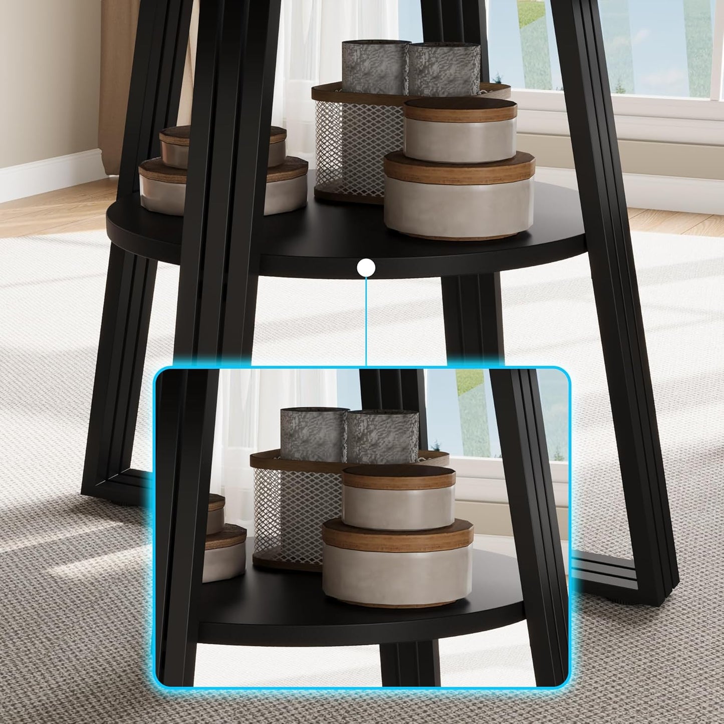 GarveeHome 47 Inch Round Dining Table for 4-6, Farmhouse Pedestal Kitchen Table with Storage Shelf, Space-Saving Circle, for Kitchen, Dining Room, Living Room, Apartment, Table Only- Black