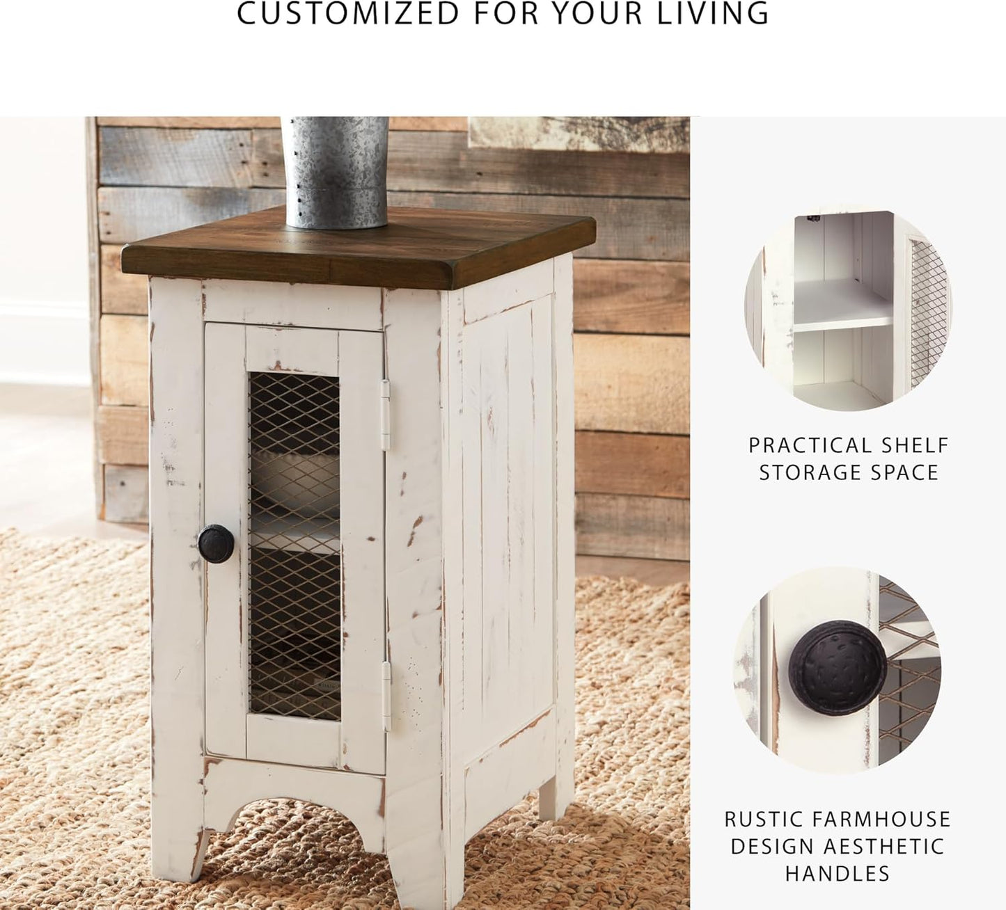 Signature Design by Ashley Wystfield Farmhouse Chair Side End Table with Cabinet Door for Storage, White & Brown with Distressed Finish