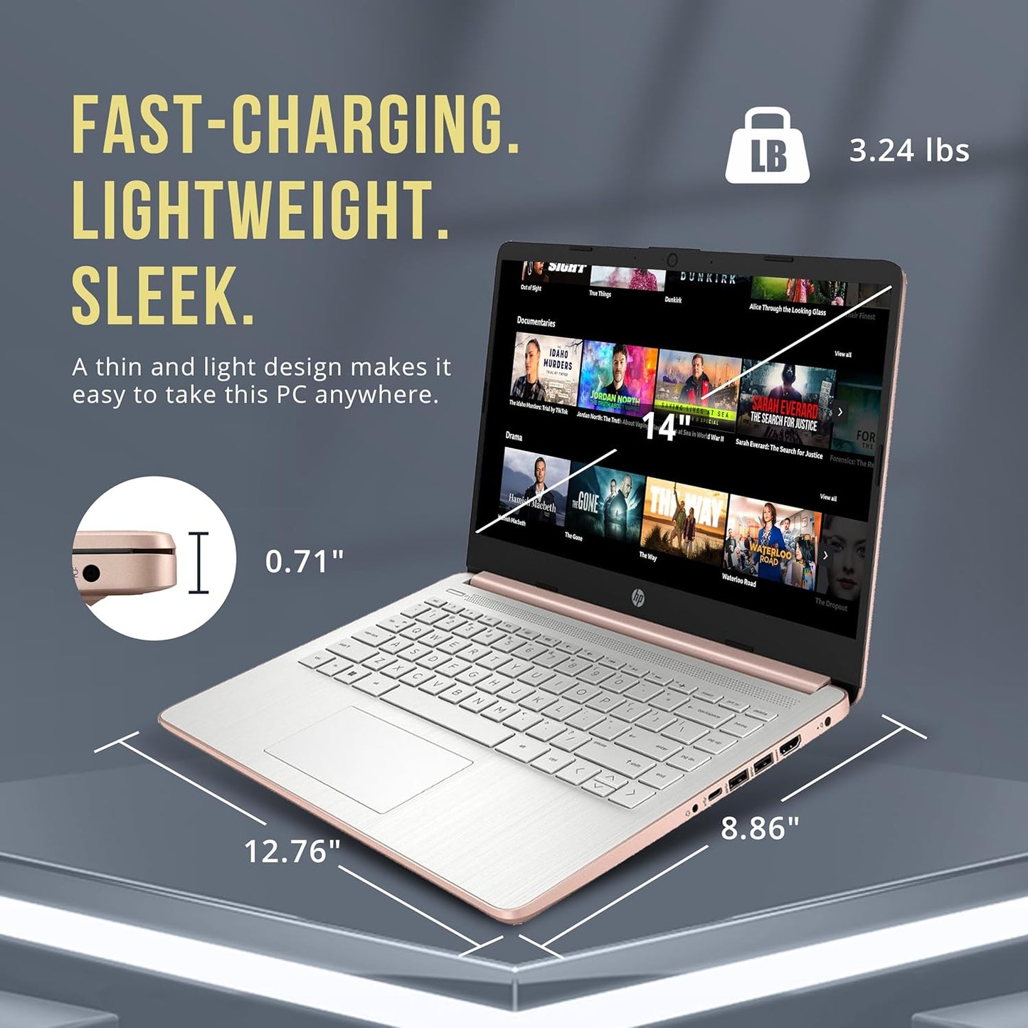 HP Stream 14" HD BrightView Laptop, Intel Processor N150, 16GB RAM, 416GB Storage (128GB eMMC + 288GB Docking Station Set), Intel UHD Graphics, 720p Camera, Wi-Fi, 1 Year Office 365, Win 11 S, Gold.