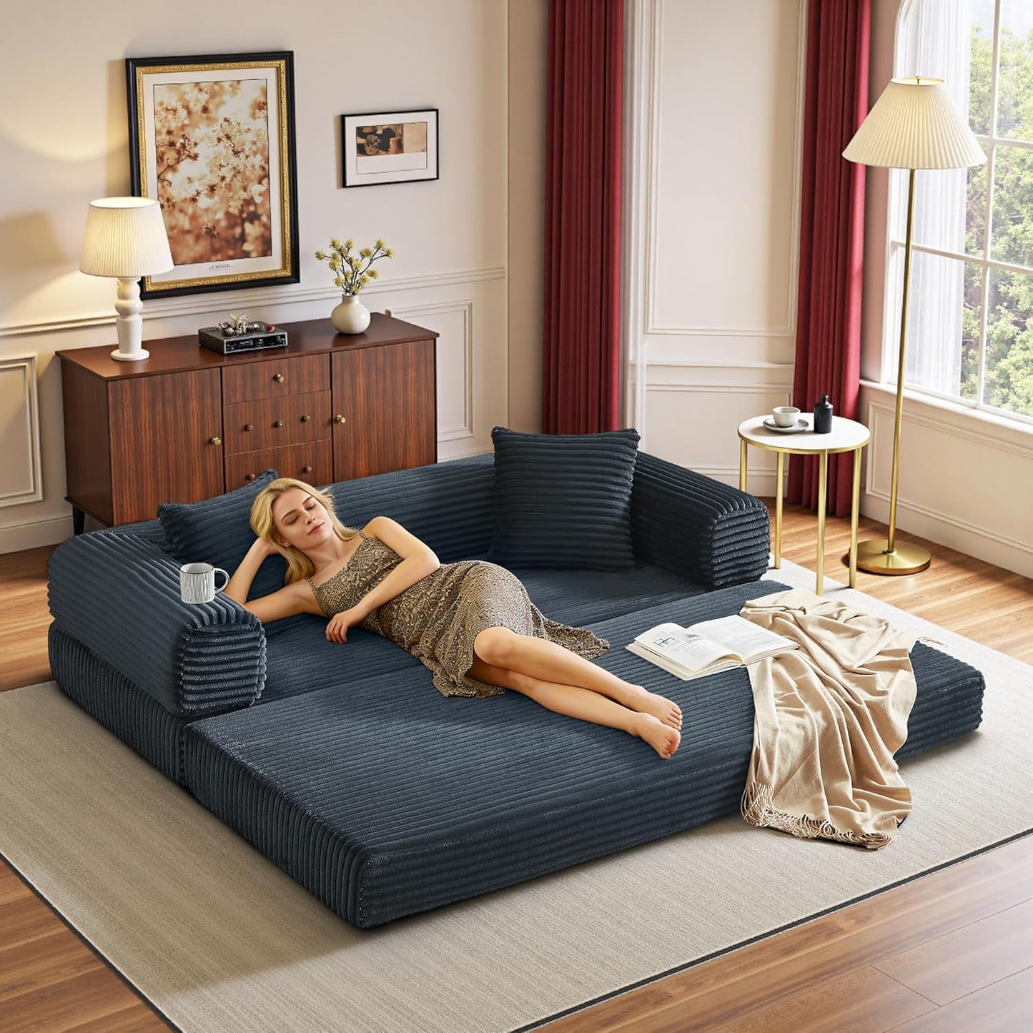 Boneless Couch Versatile Couches for Living Room No-Install Sofa Bed Corduroy Futon Soft Cloud Couch with Pillows for Bedroom Game Movie (Dark Gray, 76")