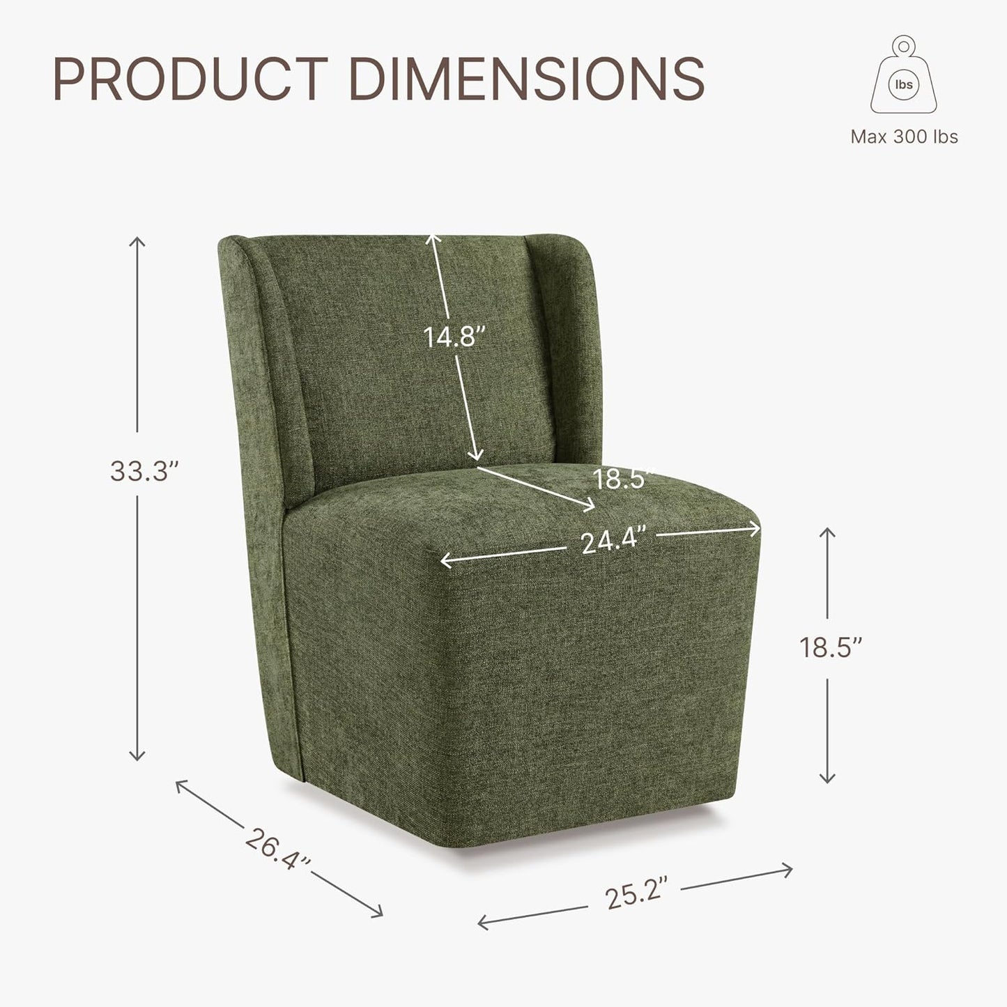 KISLOT Upholstered Dining Chairs Set of 4 with Casters, Wingback Modern Side Armless Deskchair with Rollers for Diningroom Bedroom Livingroom Reading Room, Green Fabric