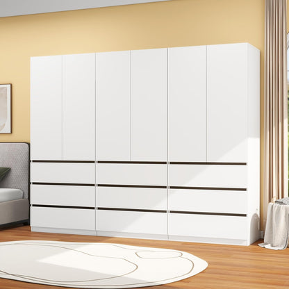 Bedroom Armoire Wardrobe Closet with 9 Drawers: White Wardrobe Closet with 6 Doors, Modern Cabinet for Clothes with Shelves, Wooden Armoire for Hanging Clothes (Modern, 3)
