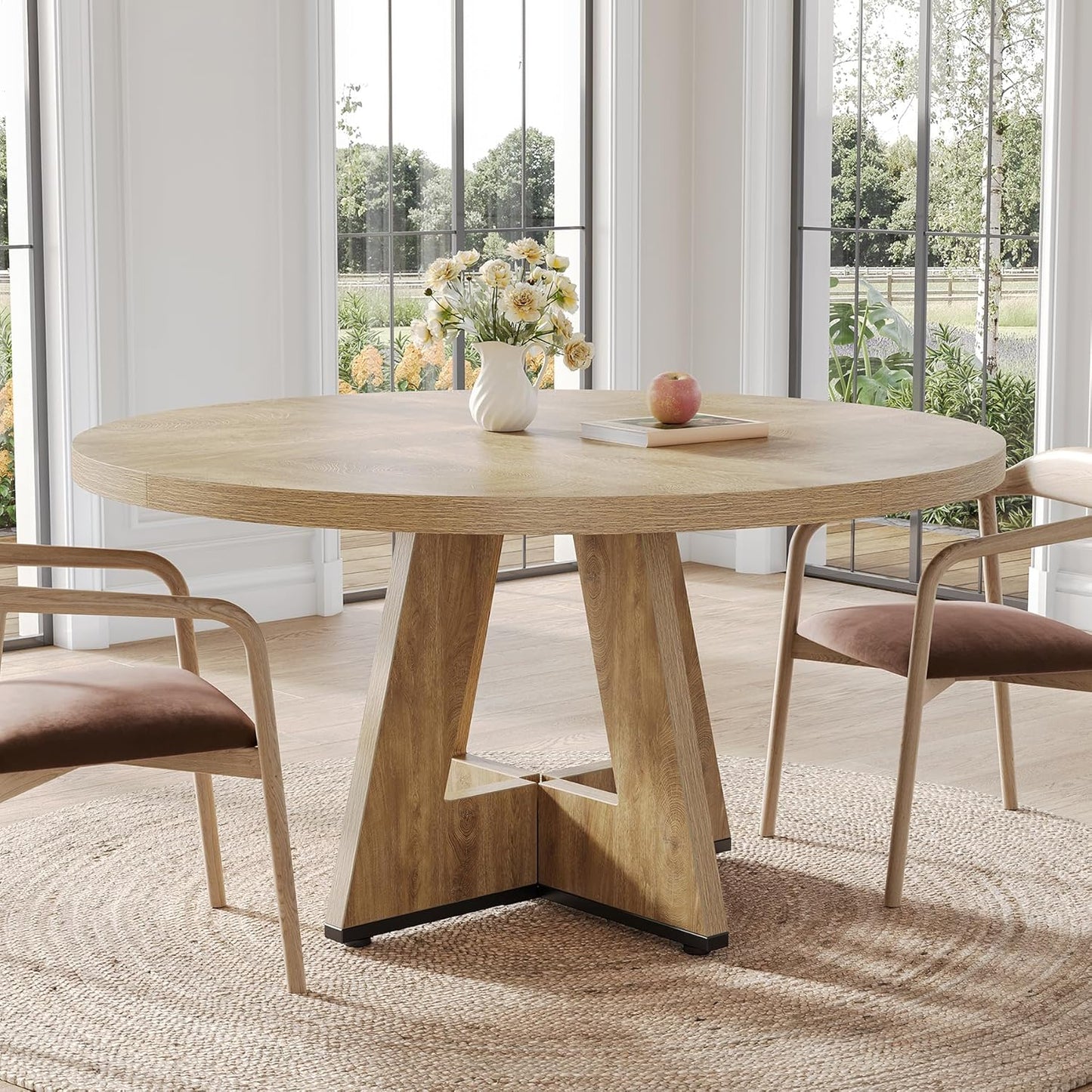 LITTLE TREE Round Dining Table for 4-6 People, 47 Inches Dining Room Table with Wooden Pedestal Base, Circle Kitchen Tables for Dining Room, Kitchen, Living Room, Oak