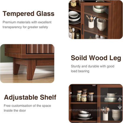 FiveWillowise 71" Tall Arched Cabinet with Glass Doors, Fluted Pantry Cabinet with Solid Wood Legs, Modern Accent Furniture for Living Room, Kitchen, Dining Room, Entryway, Walnut
