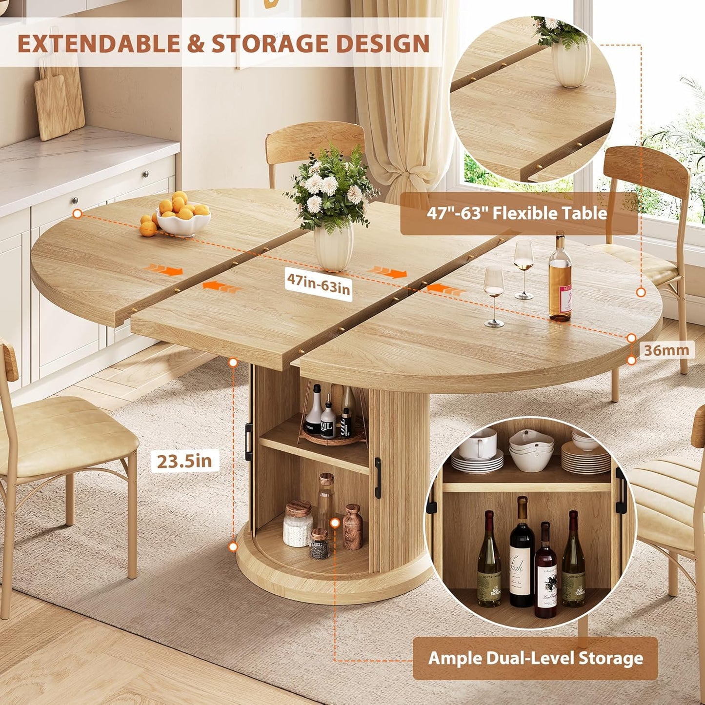 Jocoevol 47″–63″ Extendable Round Dining Table for 4–8 with Dust-Proof 2-Tier Storage Shelf Space-Saving Expandable Dining Room Table Wood Oval Circle Dining Table with Pedestal Base (Natural)