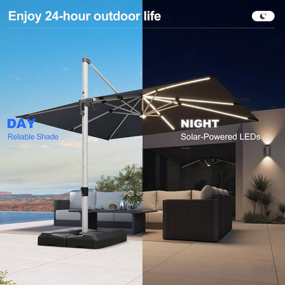 PURPLE LEAF 9' X 12' Patio Umbrella with Lights Outdoor Rectangle Cantilever Umbrella Solar Powered LED with 360-degree Rotation for Garden Deck Pool Patio, Grey