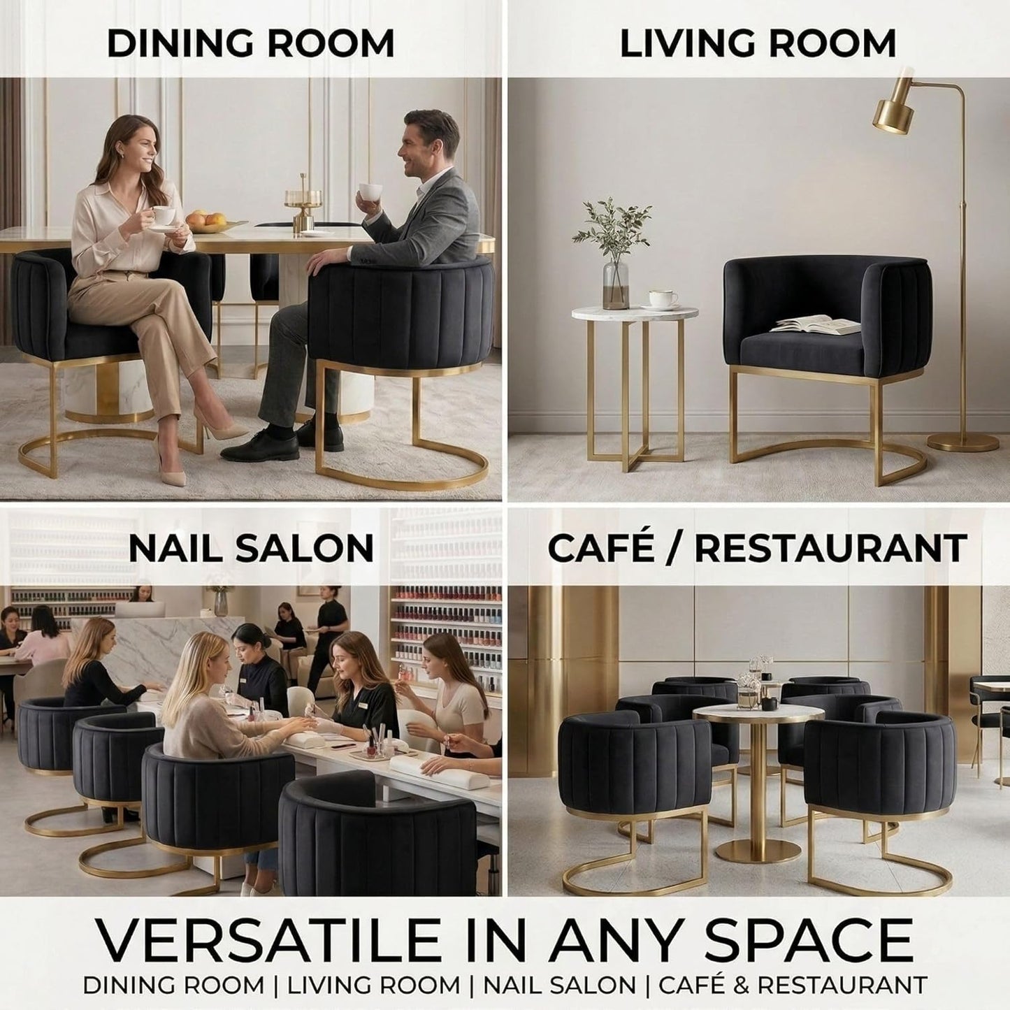 Hyfirm Black and Gold Barrel Dining Room Chairs Set of 4, Modern Velvet Upholstered Accent Chairs with Curved Back for Kitchen Island, Luxury Comfort Seating Cantilever Metal Frame