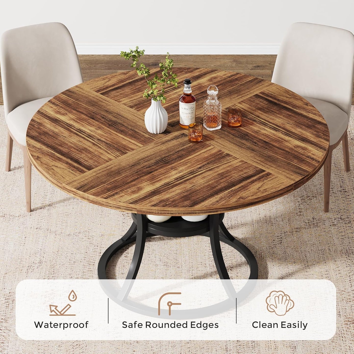 47'' Round Dining Table for 4-6, Farmhouse Dining Room Table with Storage Shelf, Space-Saving Kitchen Table with Metal Base for Kitchen & Dining Room, Table Only (Brown & Black)