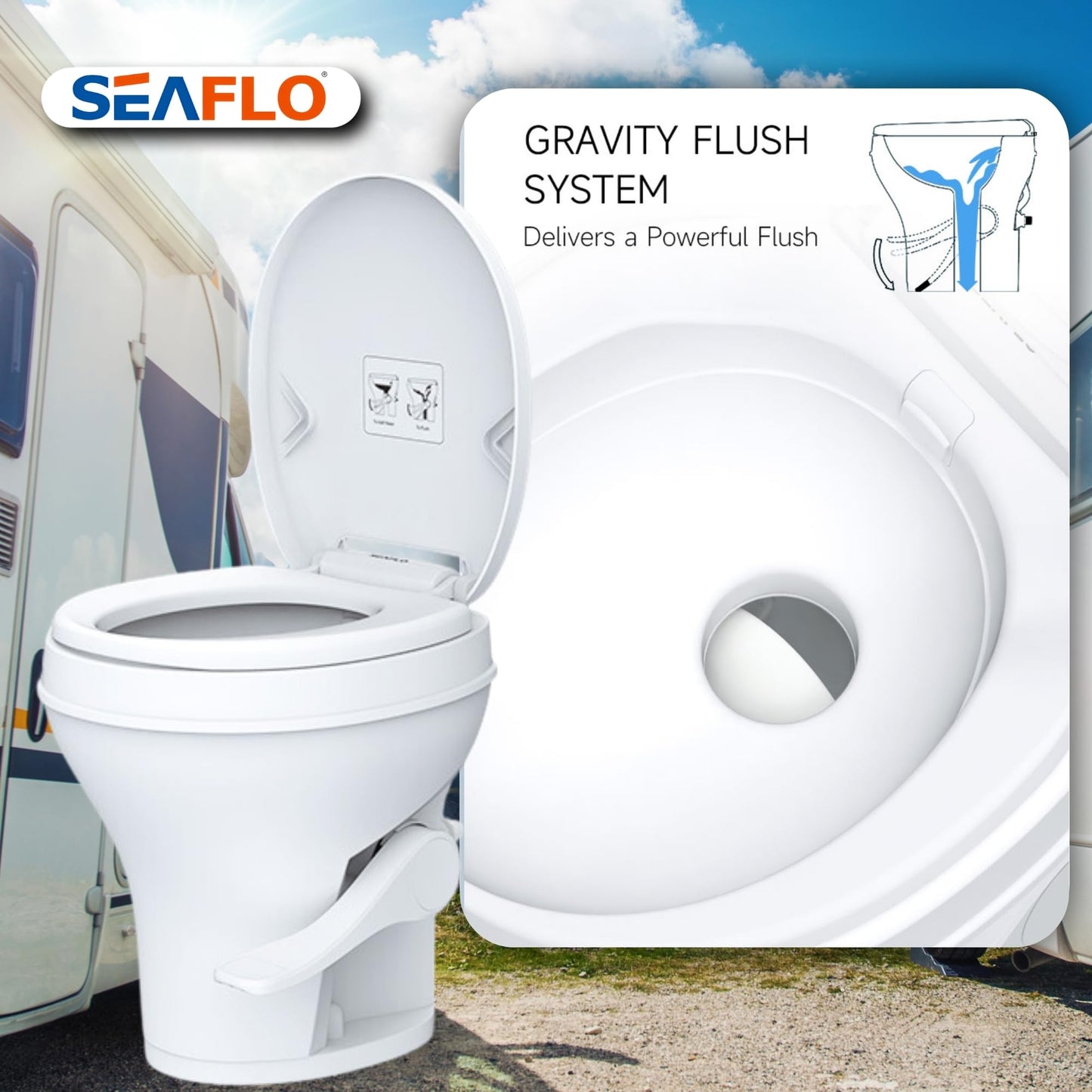 SEAFLO RV Toilet - Residential Height, Gravity Flush, Soft Close