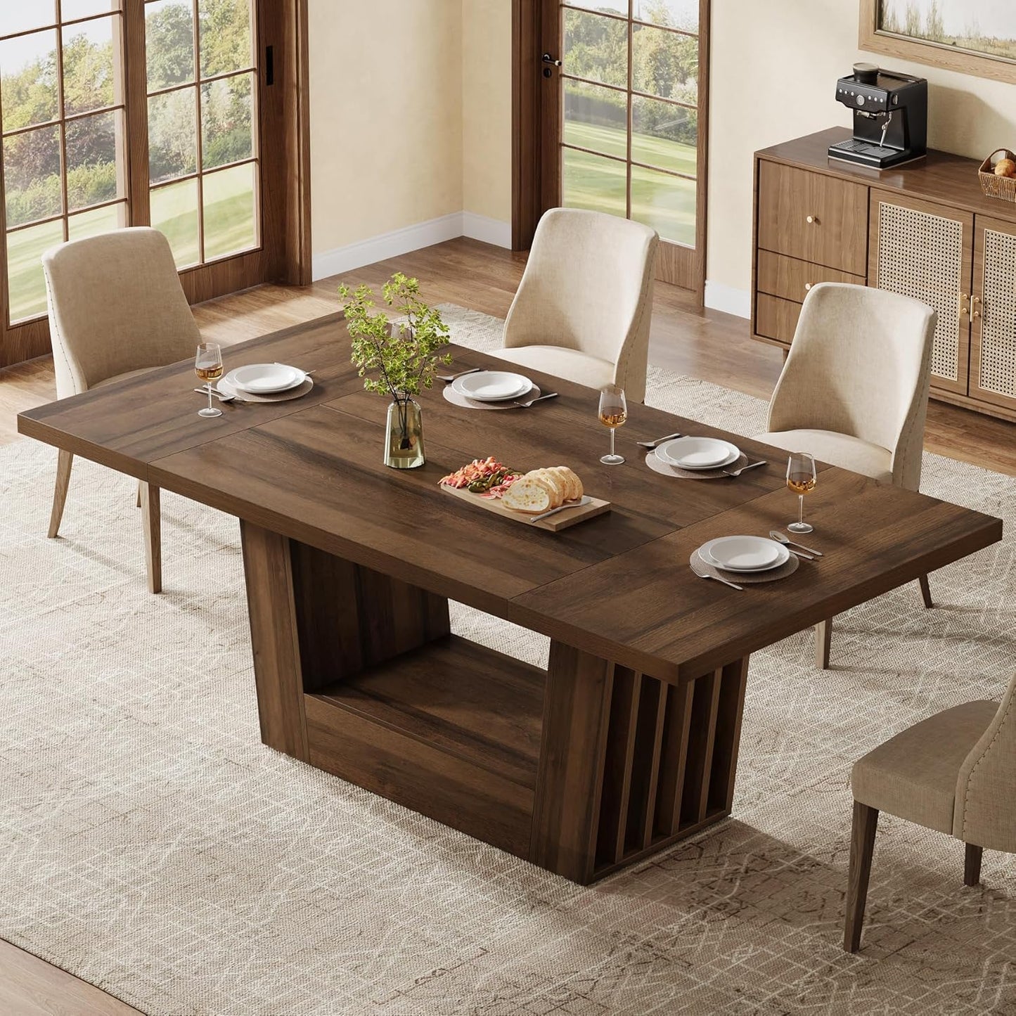 Tribesigns 63-Inch Dining Table for 4-6, Farmhouse Rectangular Kitchen Dinner Table with Heavy-Duty Base, Wood Dining Room Furniture for Kitchen, Living Room, Home, Brown