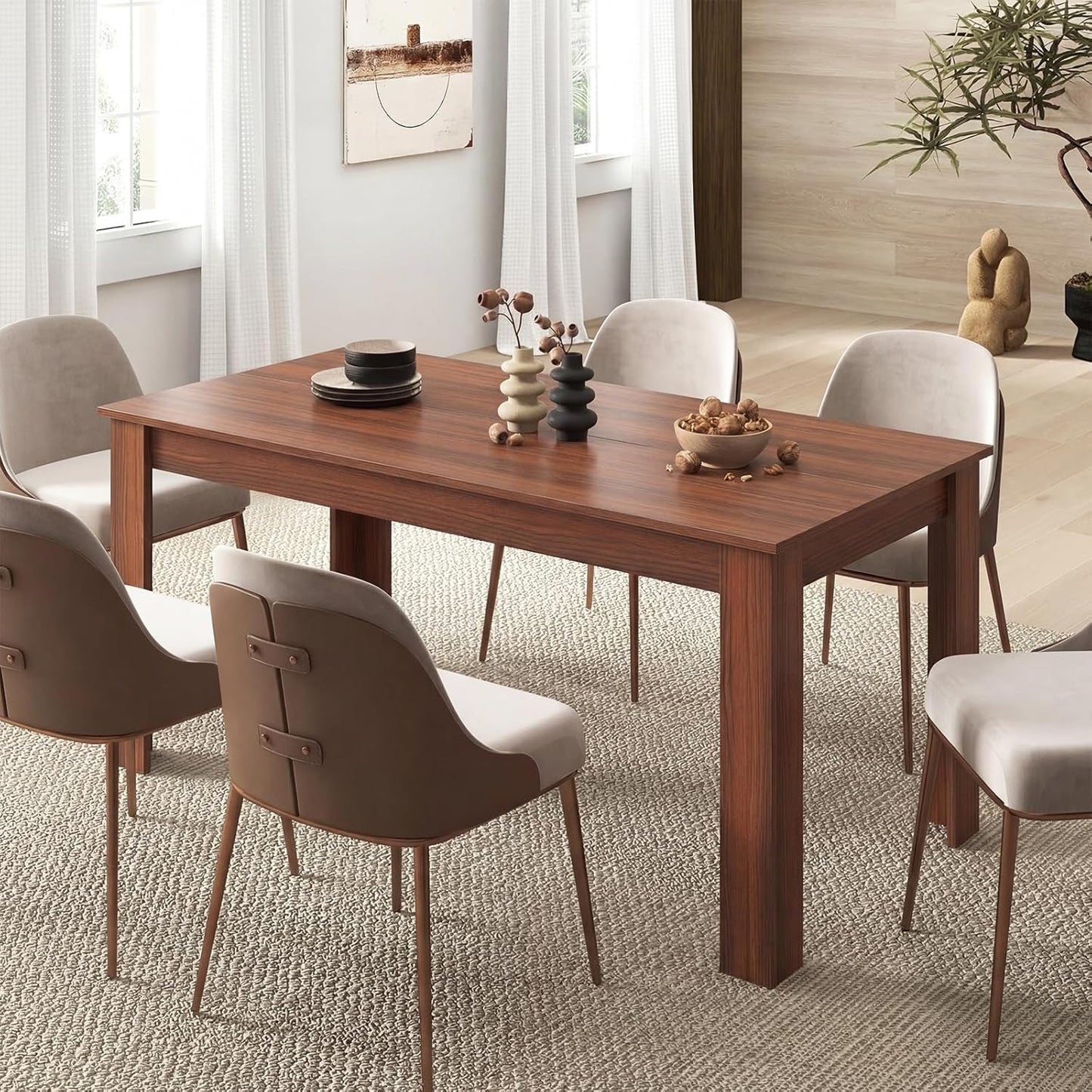 Giantex Dining Table for 4-6, 63" L Large Farmhouse Kitchen Table, Wooden Rectangular Dinner Table for Living Dining Room, Home Office, Dinette, 330LBS Capacity, Walnut