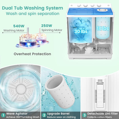 Auertech 48 Lbs Portable Washing Machine, Large Portable Washer for Apartments with 30 Lbs Washer & 18 Lbs Spinner, Clothes Washer Machine with Drain Pump for Apartment, Dormitory and RVs