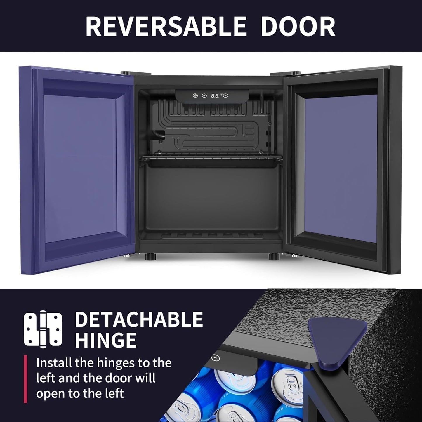 Icyglee 48 Can Beverage Refrigerator Cooler, Mini Fridge Glass Door with Adjustable Shelves, Freestanding Beverage Fridge with Blue LED for Home/Office/Dorm/Bar, 1.3 Cu.ft
