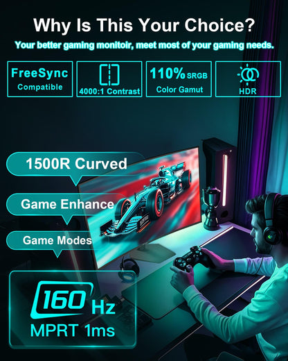 SANSUI 27-Inch Curved 160Hz Gaming Monitor FHD 1080P
