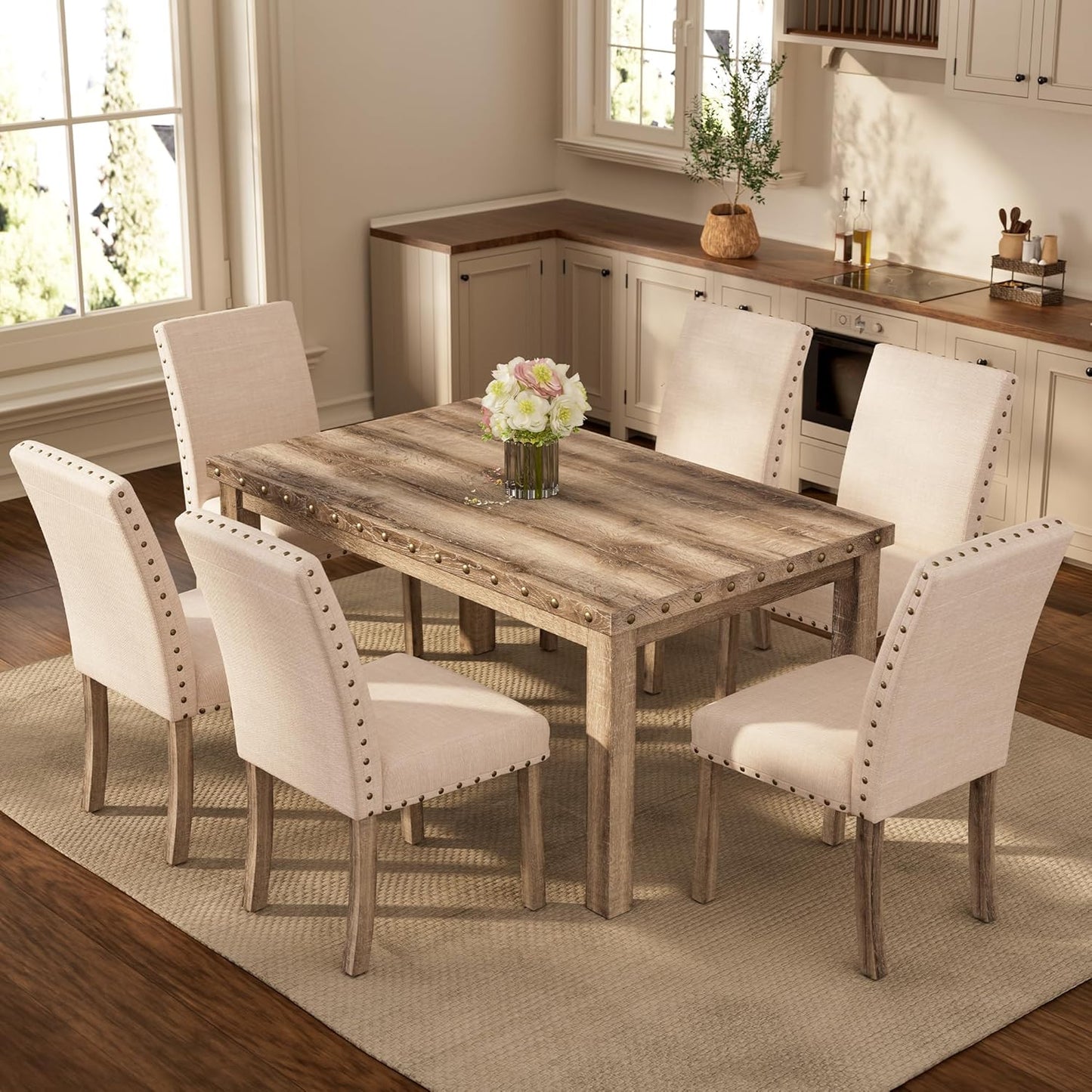 Morden Fort Rustic Dining Table Set for 6, Farmhouse Kitchen Dining Chairs for 6, Charming 60" Rectangular Wooden Table&6 Upholstered Chair with Nailhead Accents for Dining Hub,Breakfast Nook
