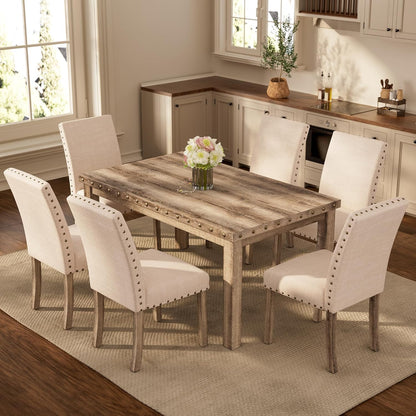 Morden Fort Rustic Dining Table Set for 6, Farmhouse Kitchen Dining Chairs for 6, Charming 60" Rectangular Wooden Table&6 Upholstered Chair with Nailhead Accents for Dining Hub,Breakfast Nook