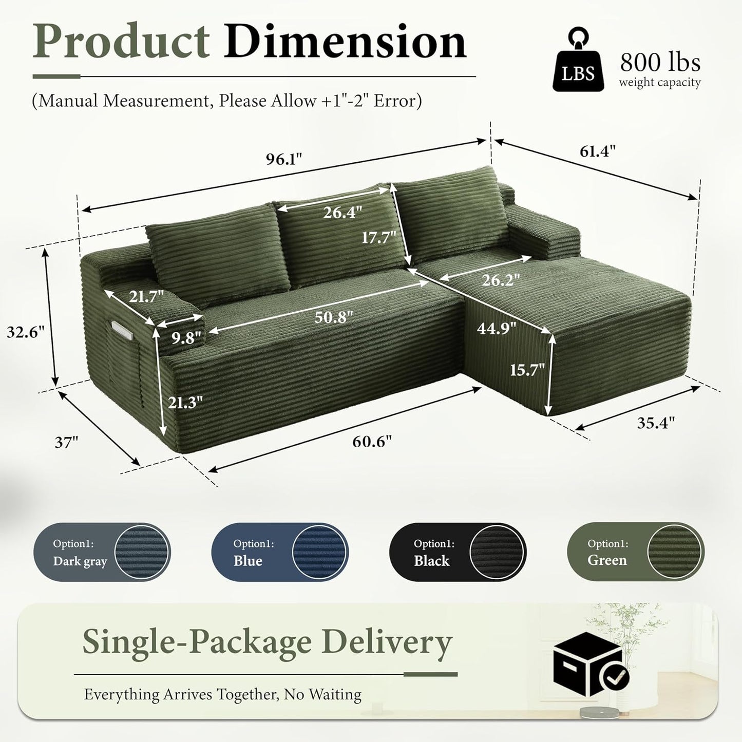 96" Sectional Couches for Living Room Cloud Couch Sofa with L-Shape Upholstered Boneless Couchs Modern Modular Sectional Couch with Chaise (Green, 96" W+Right Facing Chaise+2Seaters)