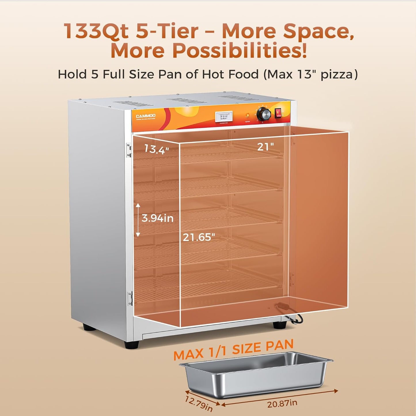 CAMMOO 133Qt 5-Tier 900W Commercial Food Warmer w/ 304 Blued Stainless Steel Heating Element, Double-Tempered Glass Door, Adjustable Shelf, Electric Catering Hot Box Countertop Heated Holding Cabinet