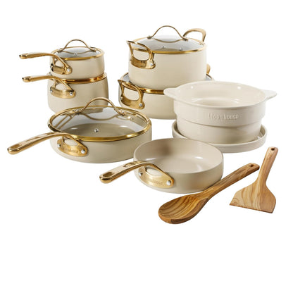 Bloomhouse - Two Time Oprah's Favorite Things Winner - 15 Piece Pots and Pans Heavy Duty Aluminum Premium PFA Free Ceramic Nonstick Cookware Set - Almond Cream w/Gold Handle