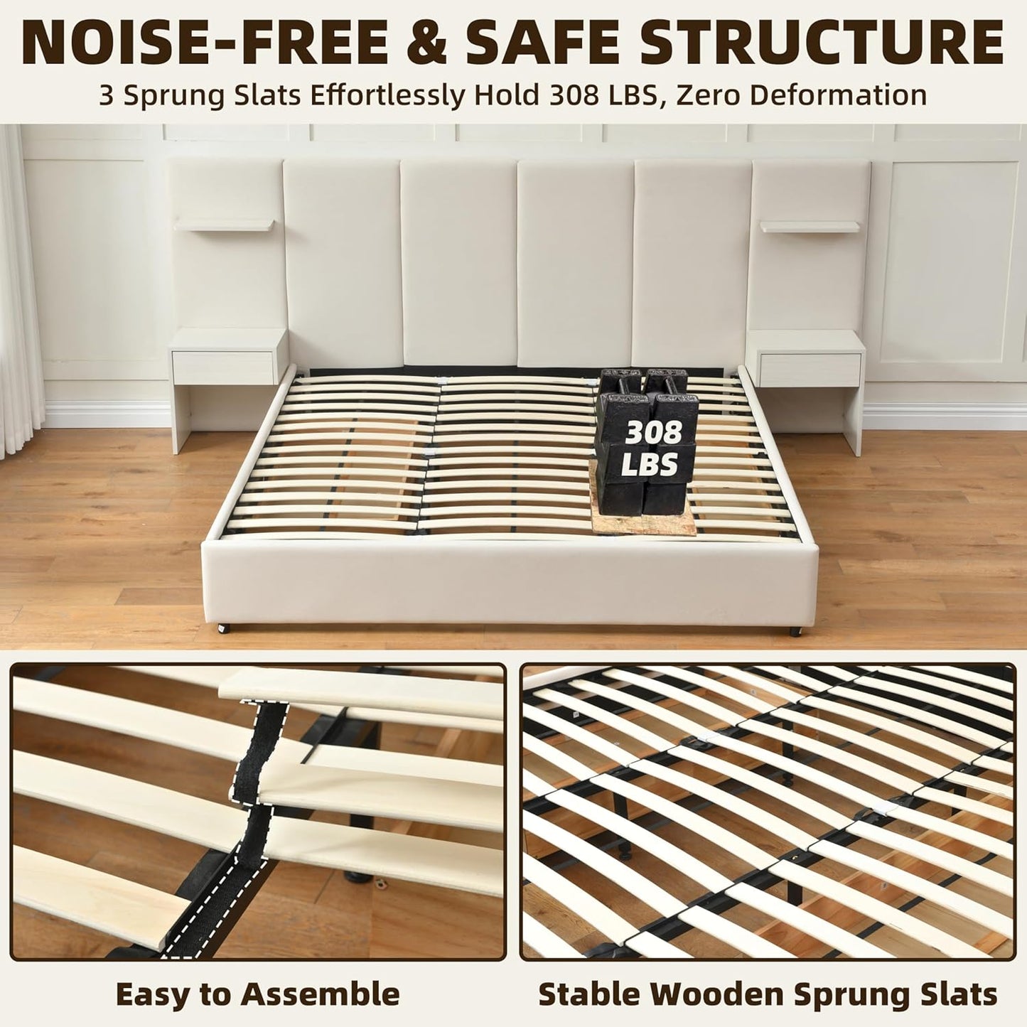 King Bed Frame with Storage & Built-in Nightstands, Velvet Upholstered Platform Bed Frame with Drawers & 2 Floating Storage Shelves, Noise-Free, No Box Spring Needed, Easy Assembly, Beige