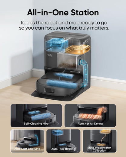 eufy C28 Robot Vacuum and Mop Combo,15,000 Pa Suction, HydroJet Always Fresh Roller Mop, Upgraded from X10 Pro, Zero-Tangle Design for Pet Hair, Auto Mop Washing&Drying, Self-Emptying&Refilling