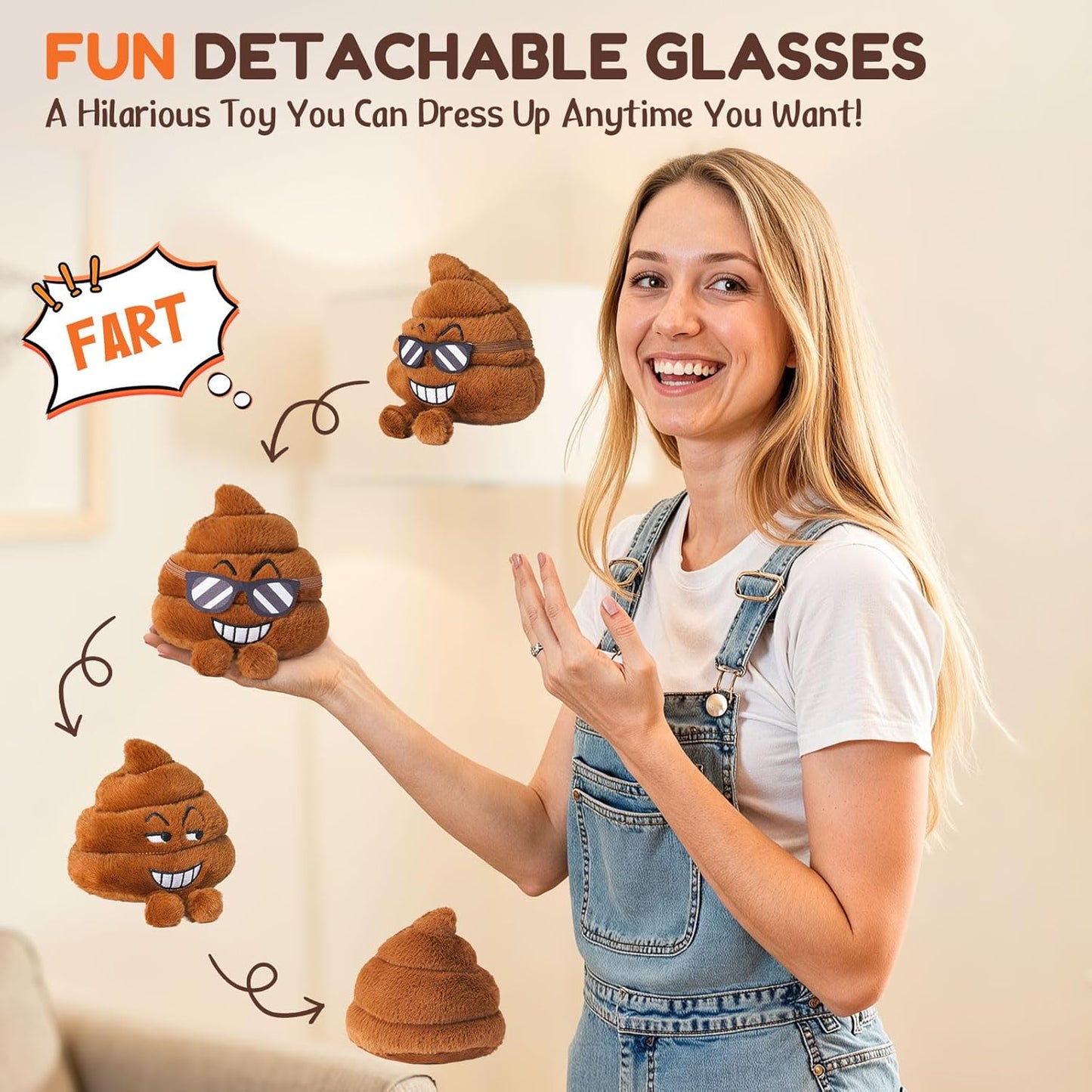 Farting Poop Plush Toy – Funny Poop Plush with 30 Hilarious Fart Sounds & Detachable Glasses, Perfect for Kids, Pets, Pranks, Gag Gifts, and Fun Decor for Home, Office & Parties