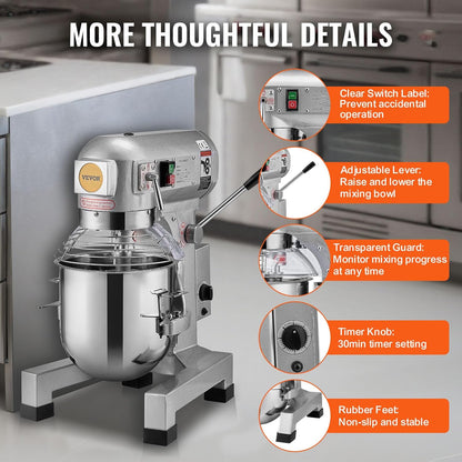 VEVOR Commercial Food Mixer 15Qt, Commercial Mixer with 3 Adjustable Speeds, 550W Dough Mixer,Commercial Stand Mixer with Stainless Steel Bowl