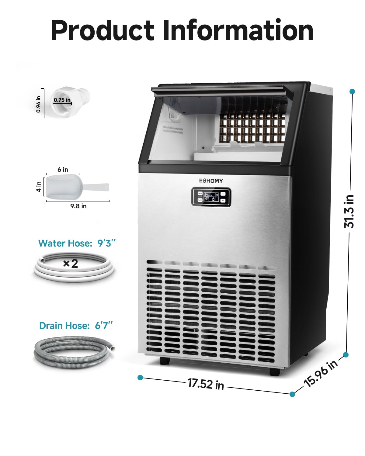 EUHOMY Commercial Ice Maker Machine, 100lbs/24H Stainless Steel Under Counter ice Machine with 33lbs Ice Storage Capacity, Freestanding Ice Maker.