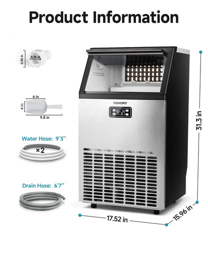 EUHOMY Commercial Ice Maker Machine, 100lbs/24H Stainless Steel Under Counter ice Machine with 33lbs Ice Storage Capacity, Freestanding Ice Maker.