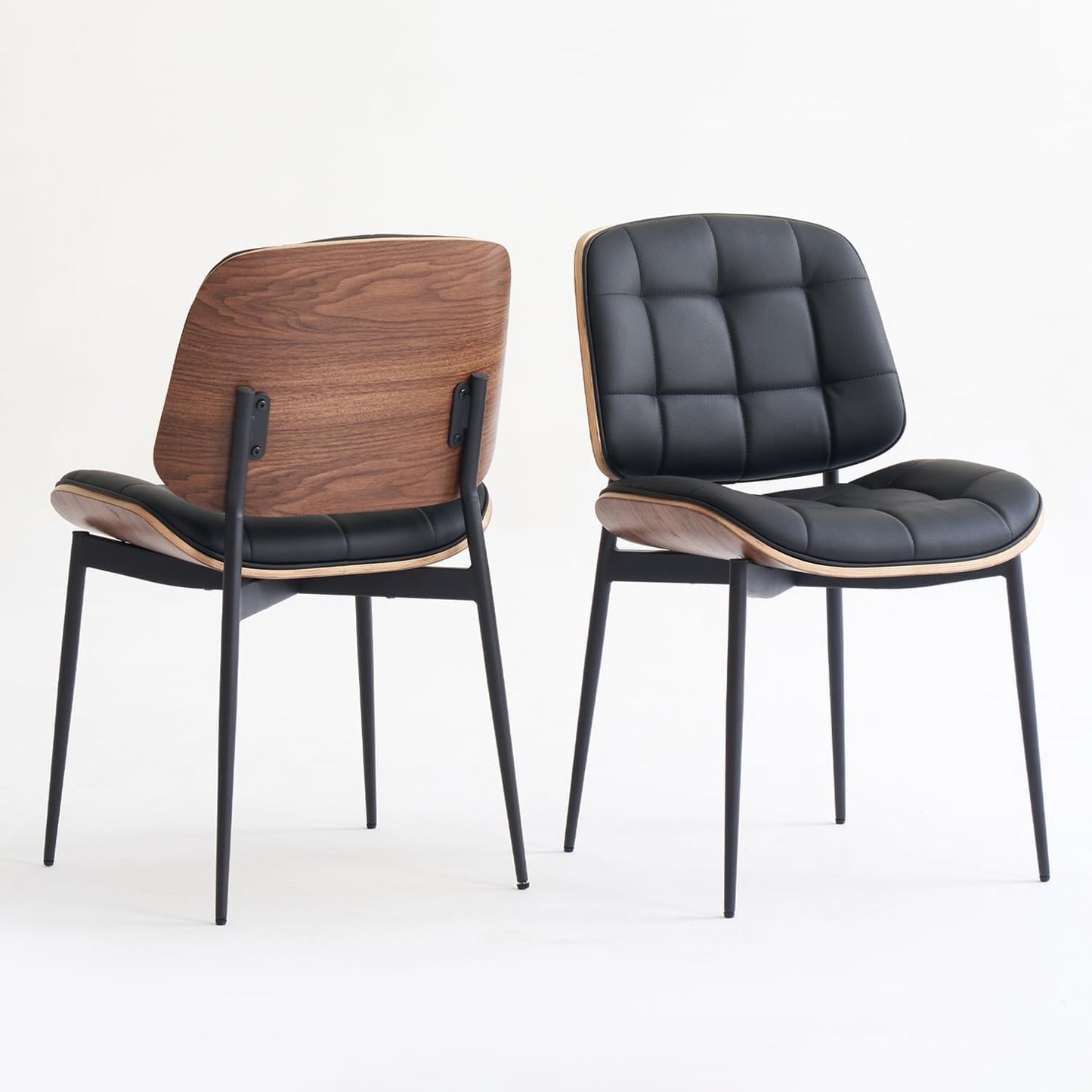 GrandNoor Mid Century Modern Dining Chairs with Walnut Grain Back, Black Faux Leather Dining Room Chairs Set of 2, Checkered Soft Cushion Kitchen Chairs with Adjustable Foot Pads