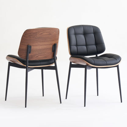 GrandNoor Mid Century Modern Dining Chairs with Walnut Grain Back, Black Faux Leather Dining Room Chairs Set of 2, Checkered Soft Cushion Kitchen Chairs with Adjustable Foot Pads