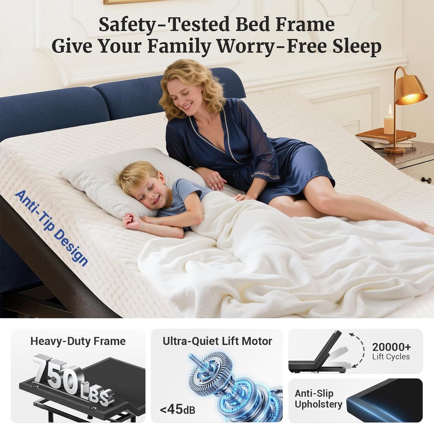 Tami Tami T450 Adjustable Bed Frame Split King (Sync Control as King) with Remote, Adjustable Base with Head&Foot Incline, Zero Gravity, Nightlight, Quiet Motor, Height-Adjustable Legs, Easy Assembly