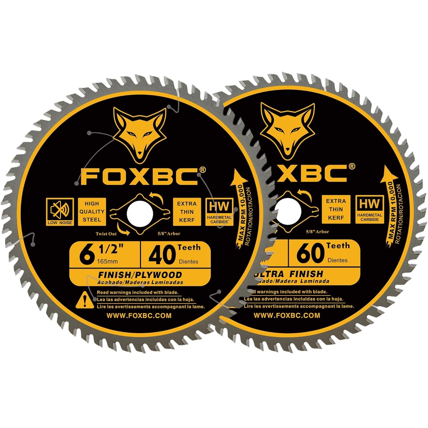 FOXBC 6-1/2 inch Circular Saw Blade 40T 60T Combo Pack, Ultra Fine Finish for Wood Cutting, Thin-Kerf with 5/8" Arbor