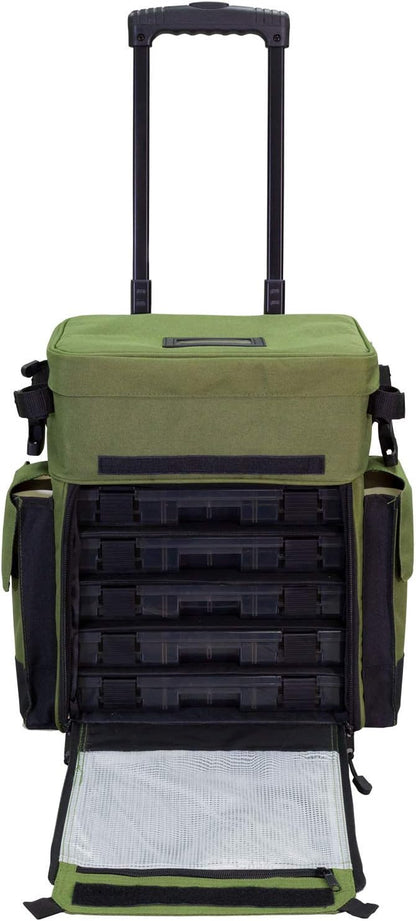 Elkton Outdoors Rolling Tackle Box with Wheels - Waterproof Rolling Fishing Backpack, 5 Removable Tackle Trays, 4 Rod Holders, Fishing Gifts for Men, Fish Tackle Bag, Roller Tackle Box