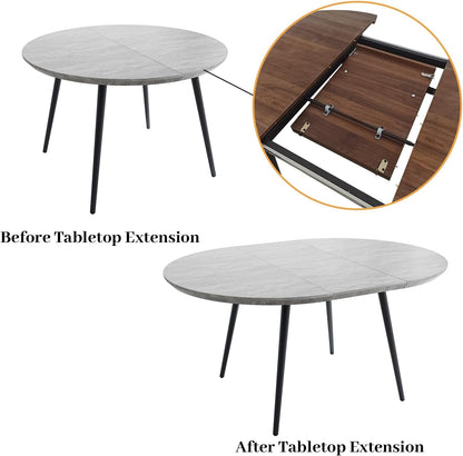 HIPIHOM 43.3"-59.1" Extendable Dining Table Set with Metal Legs, Wooden Round Kitchen Table for 4-6 Person, Gray Coffee Table w/Easy-Clean Tabletop