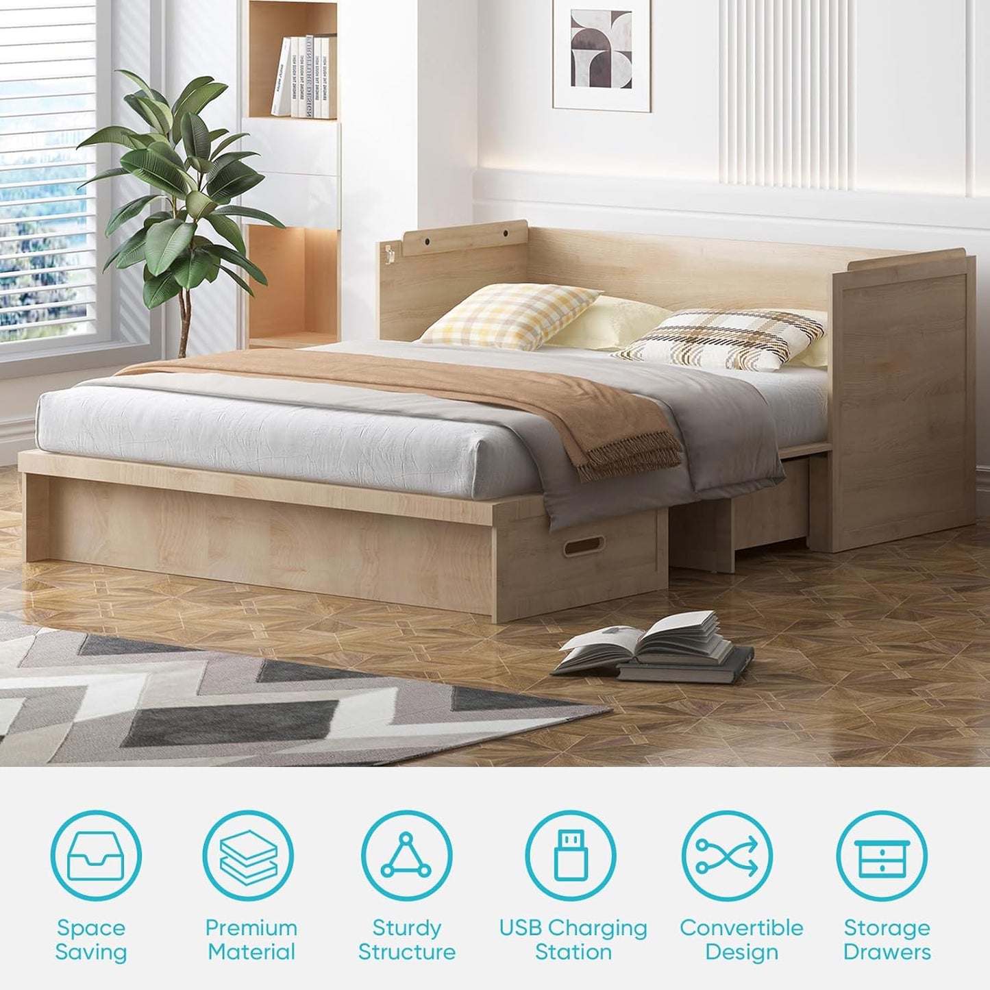 CECER Queen Size Murphy Bed with Tri-Folding Mattress .Murphy Bed with Charging Station and Two Large Storage Drawers for Small Spaces/Bedroom（Natural Wood）-Mattress Include