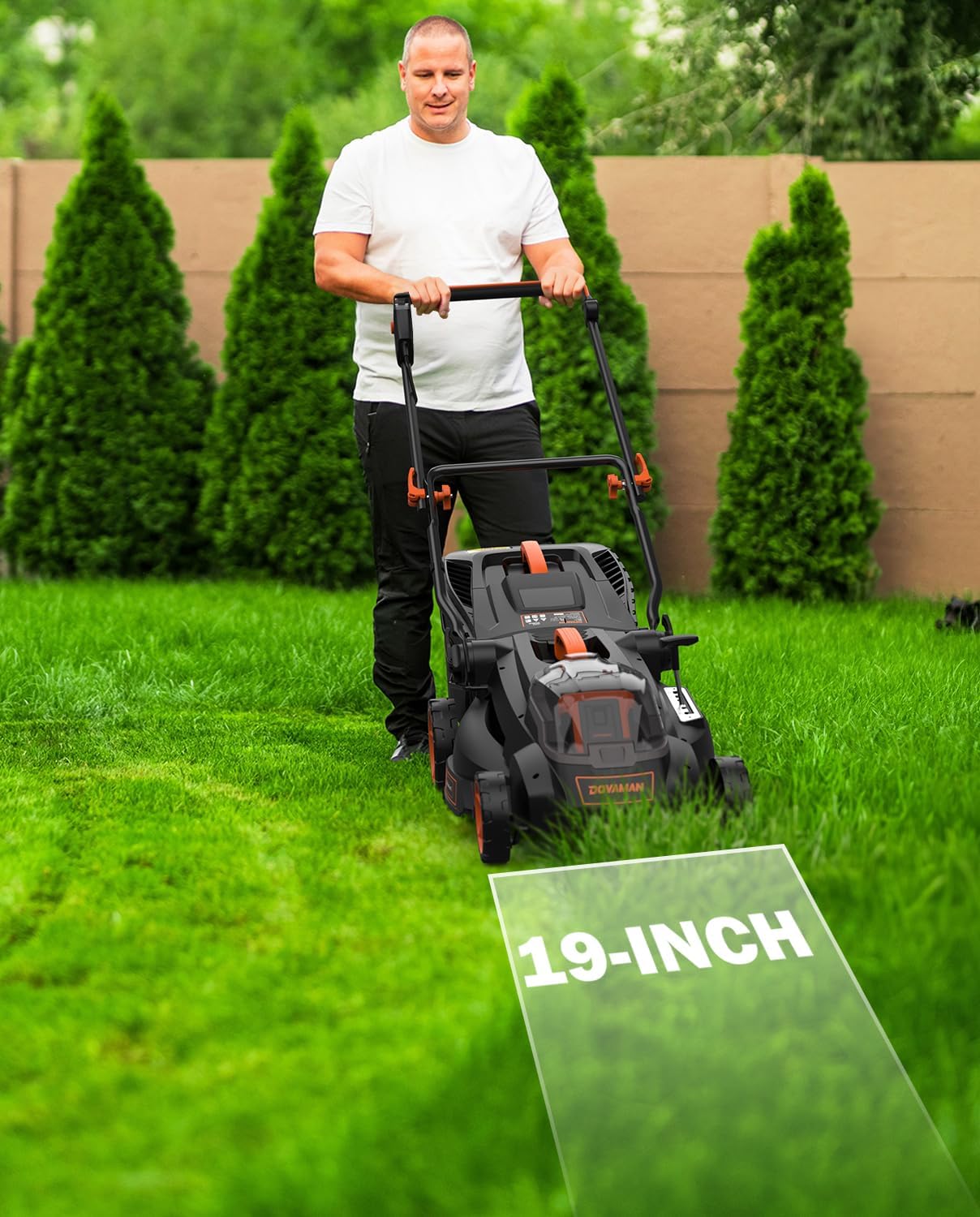 DOVAMAN LD40A 19" Cutting Deck Brushless Lawn Mower, 40V Powerful Cordless Lawn Mower, Effortless Single-Lever Height Adjustment, 3-Step Foldable Handle & Vertical Storage, 2-in-1 Mulching & Bagging