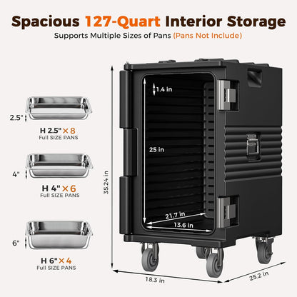CAMMOO 127QT Non-Electrical Catering Food Warmers with Casters, 304 Stainless Steel Latch & Door Shaft, Insulated Food Carrier for 8 Full-Size Pans(NOT Included), Food Warmer Hot Boxes for Catering