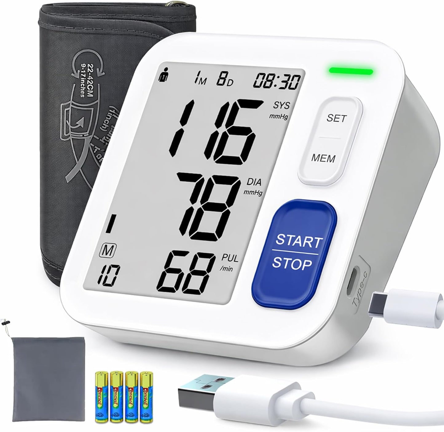 Blood Pressure Monitors for Home Use Upper Arm, Automatic Accurate BP Cuff 9"-17" with 4" LCD Screen, 2 x 90 Memory & HR Detection, Digital BP Machine with USB Cable 4 AAA Batteries & Storage Bag