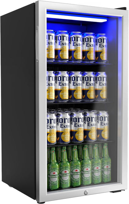 Bonnlo 3.3 Cu.Ft Beverage Refrigerator Cooler with Glass Door & Safety Lock, Quiet Mini Drink Fridge with Adjustable Shelf & Feet, Small Wine Cooler for Bedroom, Bar & Office, 32-50°F, 115V