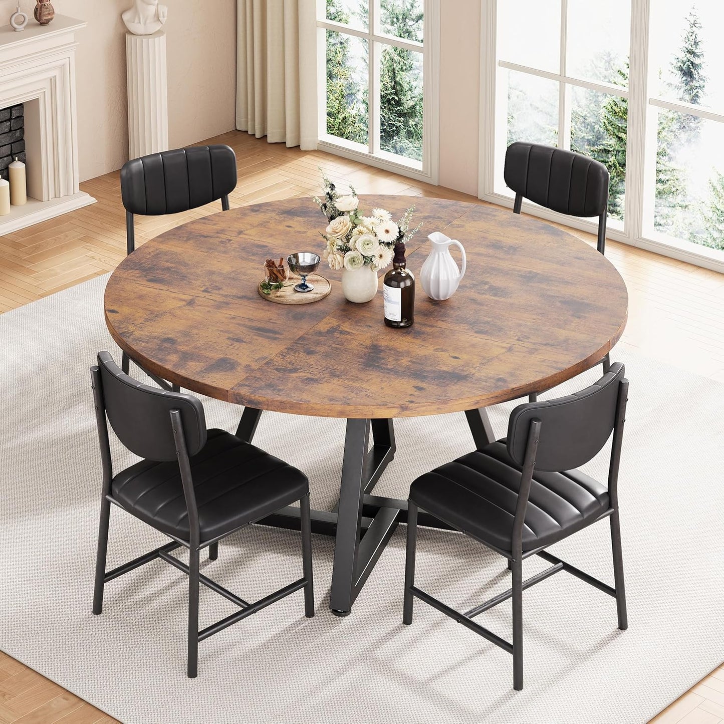 Jocoevol 51“ Round Kitchen Dining Room Table for 6-8, Circle Dining Dinner Table with Pedestal Metal Frame, Space Saving Wood Industrial Furniture for Small Space (Rustic Brown)